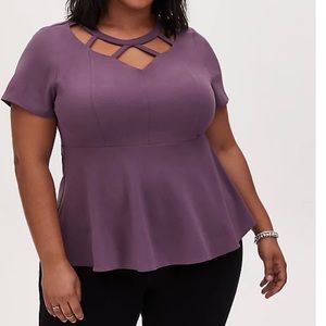 VINTAGE PURPLE CREPE CAGED PEPLUM TOP